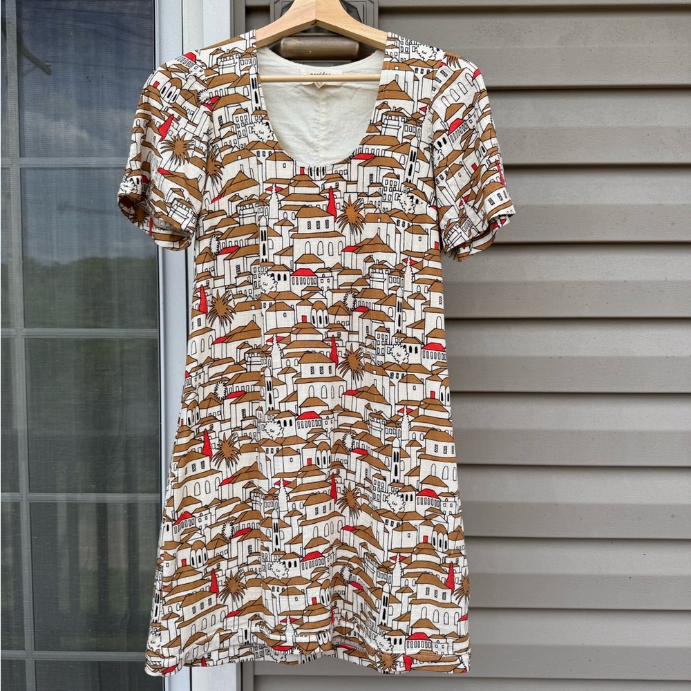 Anthropologie Porridge Short-Sleeve Crew-Neck Linen Printed Mini Dress - Picture 2 of 7